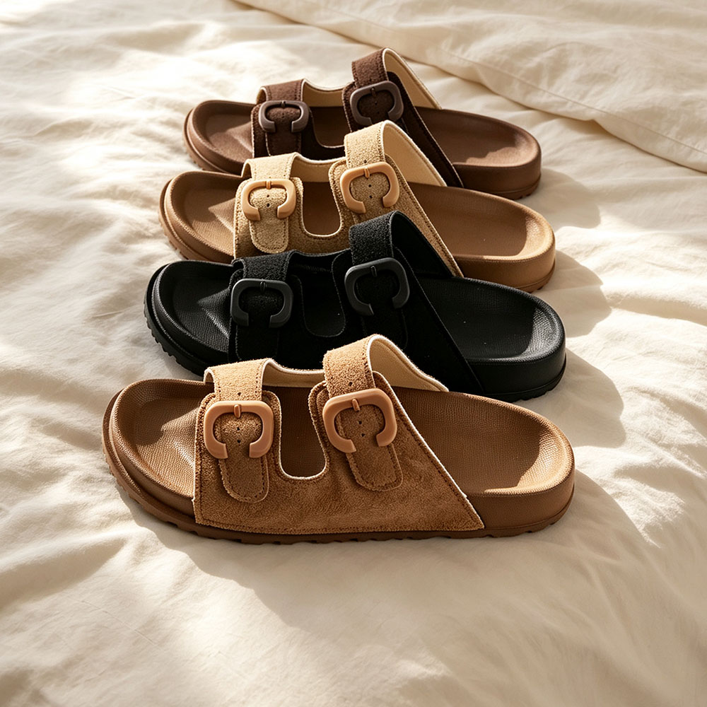 Women'S Fashion Korea - レディース、ゆったりサイズ、オープントゥ、ダブルバックル付き、フラットサンダル、夏用シューズ。