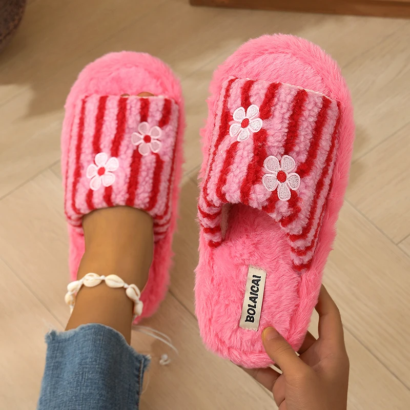 Women'S Fashion Korea - 花柄刺繍ストライププラッシュスリッパ レディース ファッション オープン トゥ ソフトソール