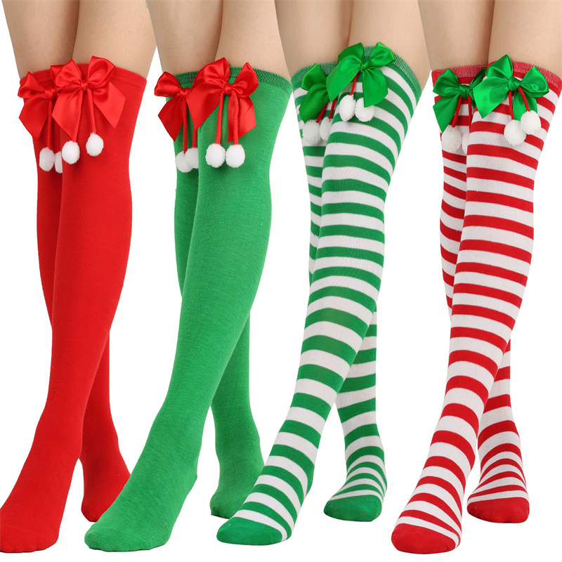 Women Fashion Over The Years - クリスマス蝶ネクタイニットソックス膝上ストライプストッキング大きな女の子のための女性12歳以上のお祝いのファッション靴