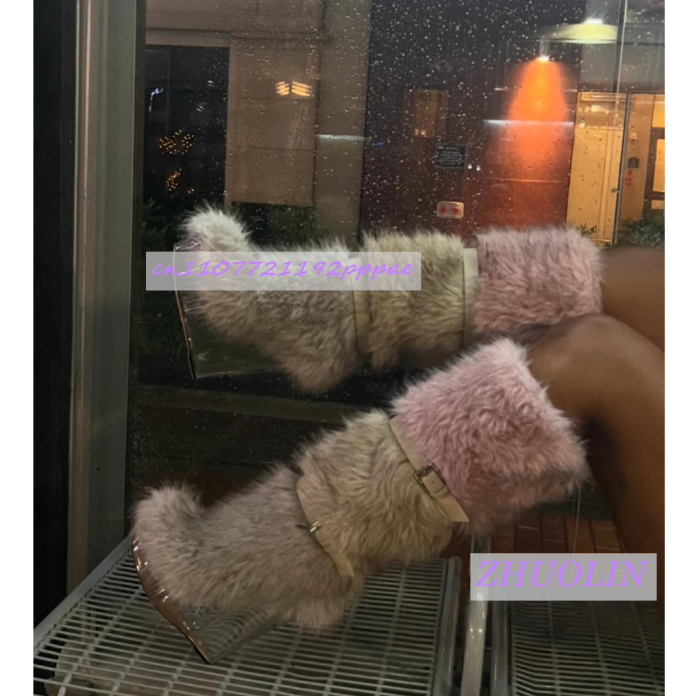 Women'S Fashion Knee High Boots - 冬のグラデーション毛皮のような透明ウェッジブーツ女性の甘いベルトバックルスノーブーツファッショントレンドパンクランウェイニーハイブーツ 43