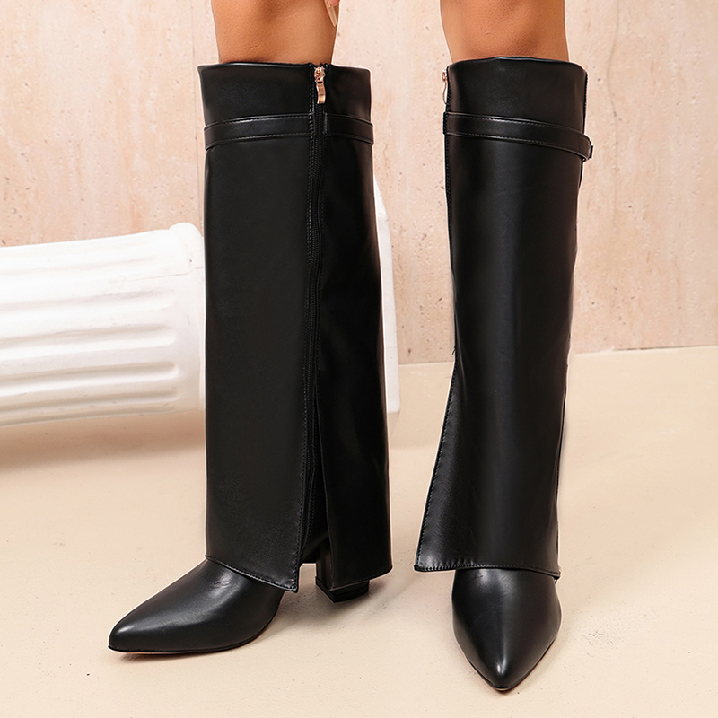 Women'S Fashion Knee High Boots - ファッション性の高い黒の合成皮革製ニーハイブーツ。2026年秋の新作。つま先が尖ったデザインで、ハイヒール。プラスサイズ（42）もご用意。サイドにジッパーが付いたロングブーツ。