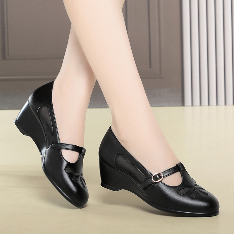 Women'S Fashion Shoes - 中年女性夏メッシュカットアウトウェッジヒールシューズ軽量ソフトレザー快適ソフトソール通気性ノンスリップ高齢者用