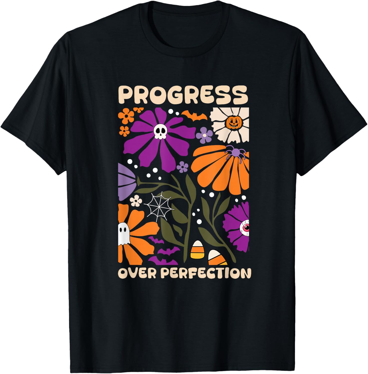 Women Fashion Over The Years - 「完璧さよりも進歩を」ハロウィーンRBT ABAセラピー柄のTシャツ。男女兼用、ユニークなグラフィックデザイン。クラシックなクルーネック、100％コットン素材、軽量で毛玉ができにくく、通気性に優れたカジュアルトップス。一年中着用できる普段使いのTシャツ。ホリデーや誕生日プレゼントにも最適。