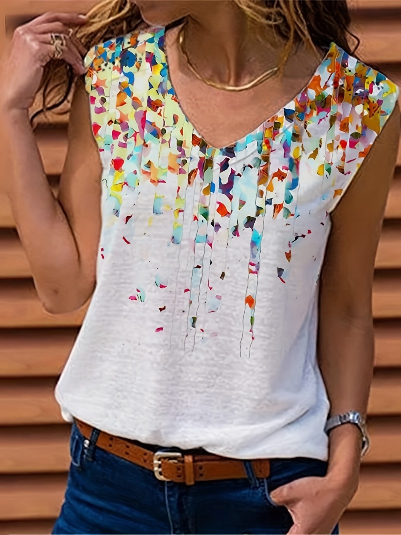 Women'S Fashion Vest Tops - 女性用Vネックノースリーブトップ,ルーズカジュアルウェア,ファッショナブル,フラワープリント,ラージサイズ,1xl-5xl