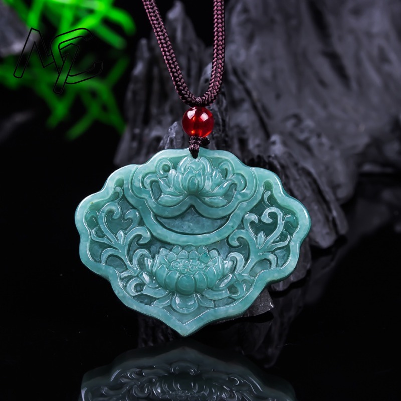 Women'S Fashion Jewellery - 本物のビルマ産エメラルド翡翠ブルーウォータールイイ蓮ペンダントお守り天然エメラルドジュエリーギフト証明書付きセーターチェーン女性用