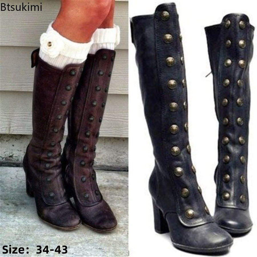 Women'S Fashion Knee High Boots - レトロブラックファッションリベット装飾ブーツチャンキーヒールニーハイスリップオンシューズ女性用ナイトブーツ秋ザパトスパラムヘレ