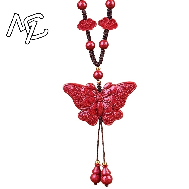 Women'S Fashion Jewellery - ファッションレッド辰砂翡翠蝶ペンダントネックレスジュエリー中国のヒーリング女性男性幸運ギフトセーターチェーンお守り