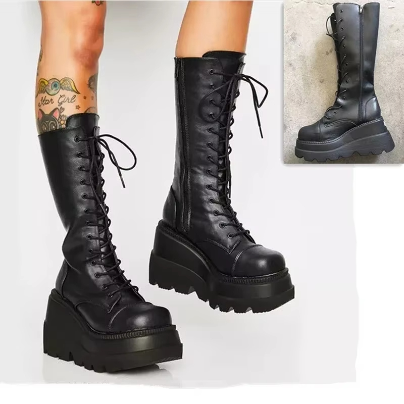 Women'S Fashion Knee High Boots - 女性のプラットフォームブーツパンクミッドカーフレディースブーツゴシックスタイル厚底オートバイナイトブーツデザイナーファッション女性靴