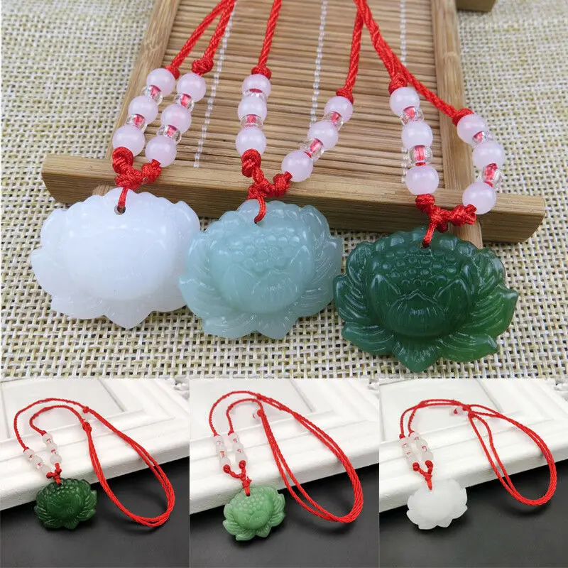 Women'S Fashion Jewellery - 天然の緑色の翡翠で作られた蓮の花のペンダントビーズネックレス。お守りとしても使える、女性向けの幸運を呼ぶアクセサリー。手彫り。ギフトにも最適。