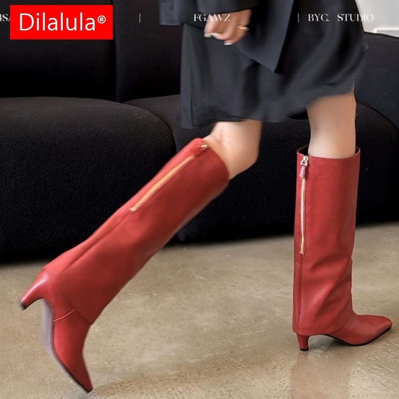 Women'S Fashion Knee High Boots - Dilalula 2026 本物の羊皮の女性のニーハイブーツファッションハイヒールストリートブーツ女性秋冬ターンオーバーエッジブーツ