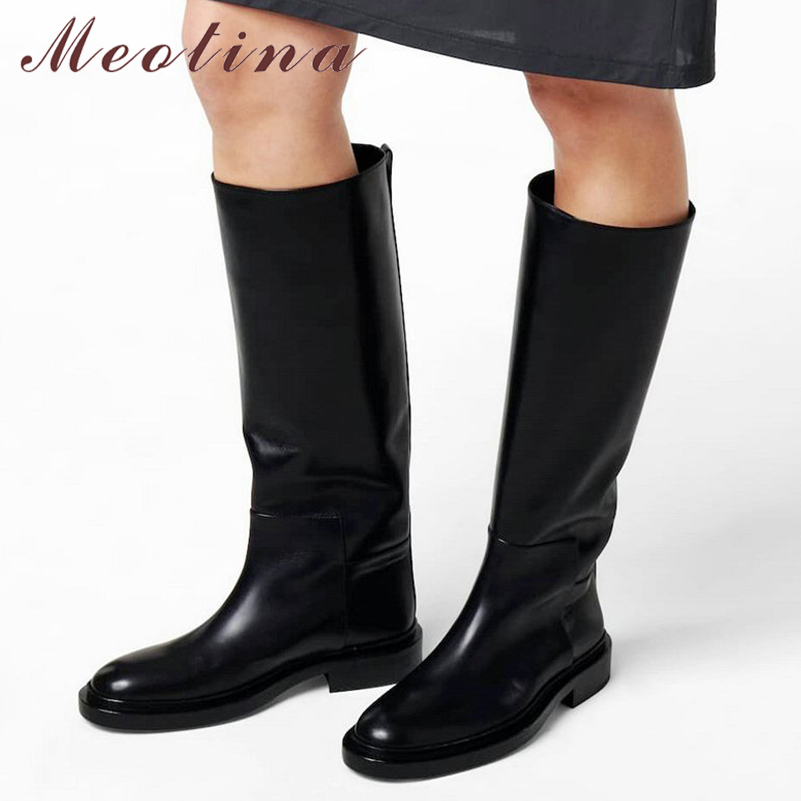 Women'S Fashion Knee High Boots - Meotina 女性本革ニーハイブーツラウンドトゥフラットファッションレディースブランドデザインロングブーツ秋冬靴黒 43