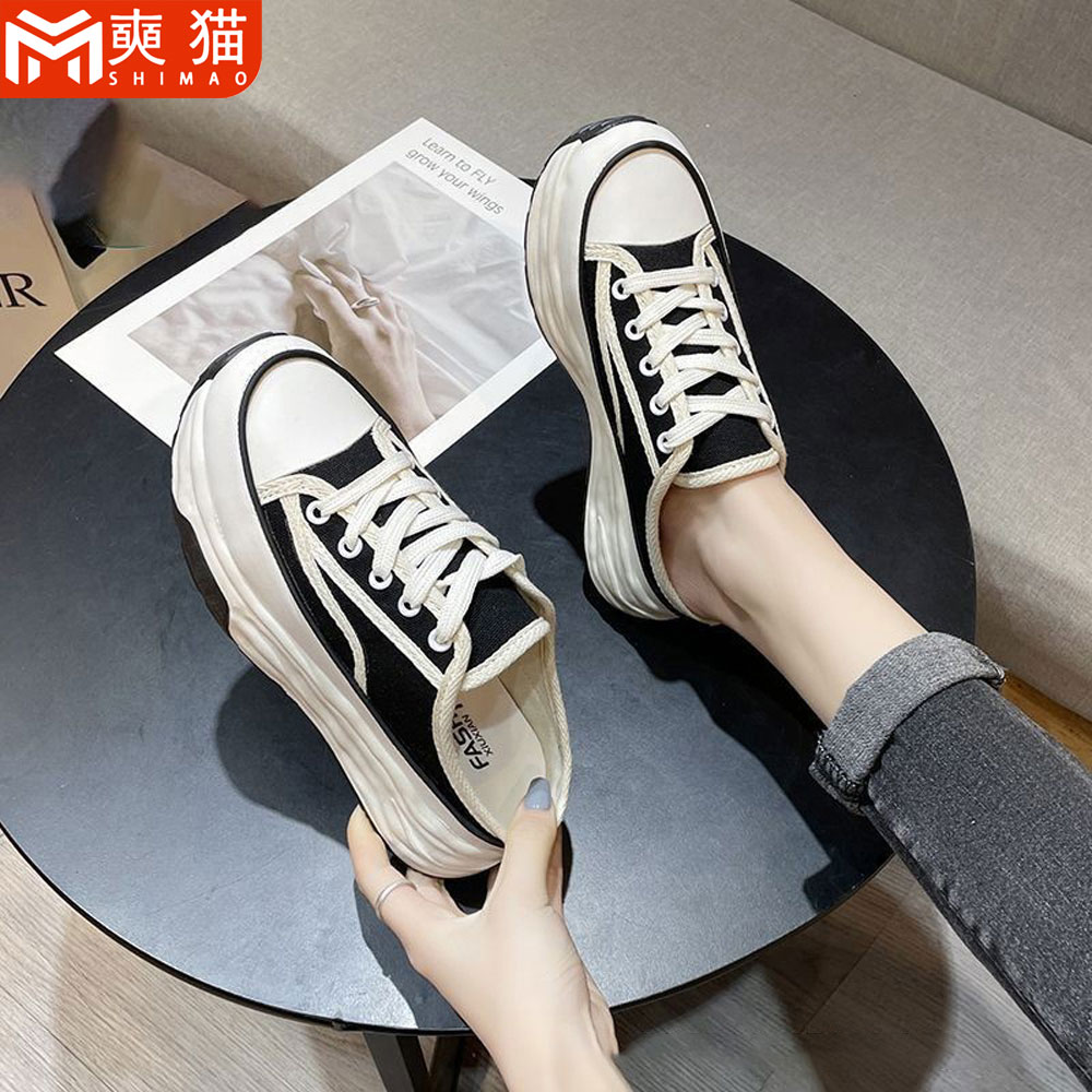 Women'S Fashion Korea - レディース バオトウハーフスリッパ プラットフォーム ヒールなし 厚底 ハーフドラッグシューズ