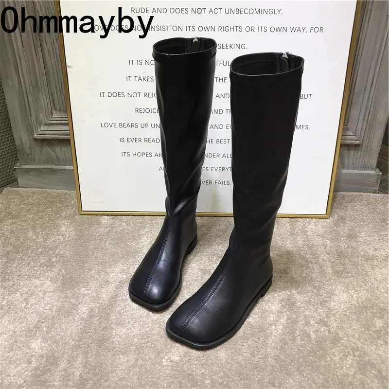 Women'S Fashion Korea - 女性用ニーハイブーツ,スクエアトゥシューズ,ロングブーツ,モダンフラット,ストレッチ,ストリートスタイル,エレガントなファッション