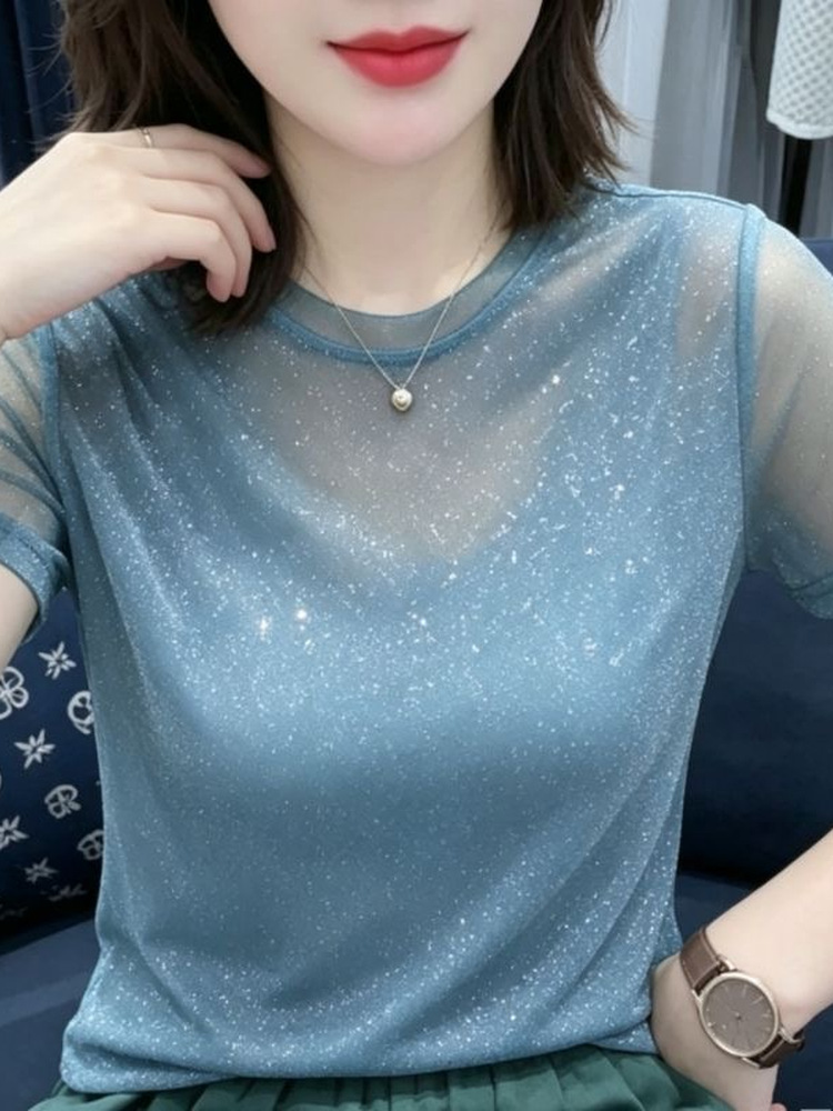 Women Fashion Over The Years - 光沢のあるスパンコール弾性ネットノースリーブラウンドネックTシャツ夏の新しい韓国ファッション明るい輝くレーストップ女性用