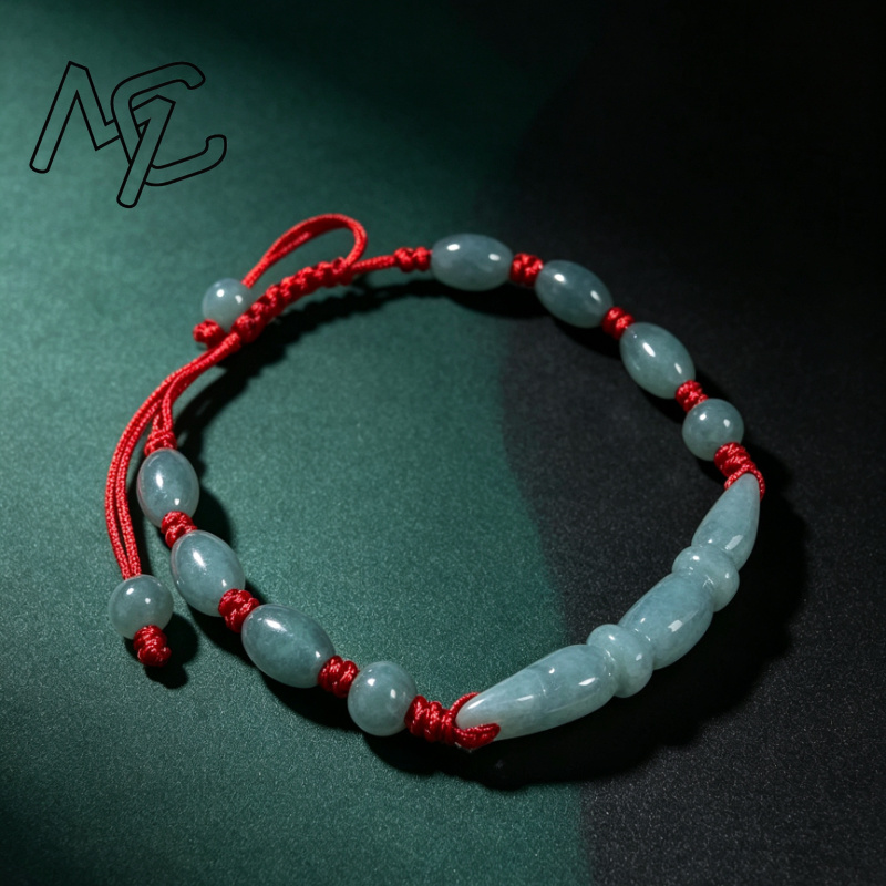 Women'S Fashion Jewellery - 天然のブルー色の翡翠、ビルマ産エメラルド、蓮根結びのビーズを使用したDIYブレスレット。丸い手編みのジュエリーで、ファッションアイテムとしても、女性の幸運を願うお守りとしても最適。
