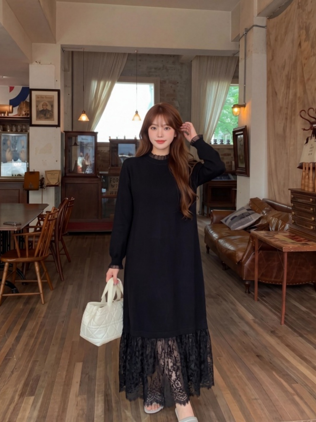 Women Fashion Over The Years - プラスサイズのレース裾ニットドレスカジュアルハイウエストAラインスカートロングオーバーニー秋冬ファッションプラスサイズの女性向け