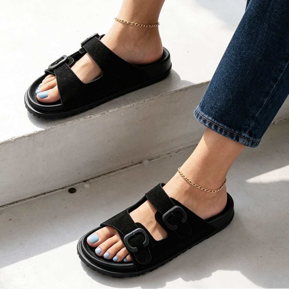 レディース、ゆったりサイズ、オープントゥ、ダブルバックル付き - Women'S Fashion Korea のレビューと価格