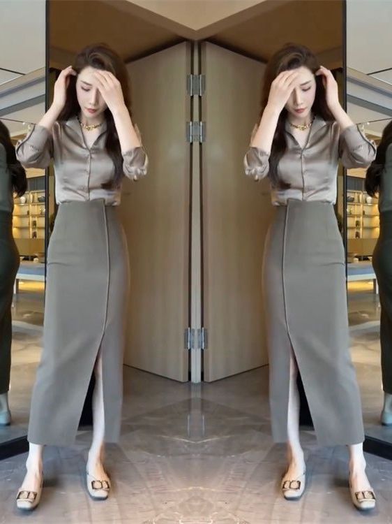 エレガントなハイウエストスリットサテンのトップスとミディスカ - Women Fashion Over The Years のレビューと価格
