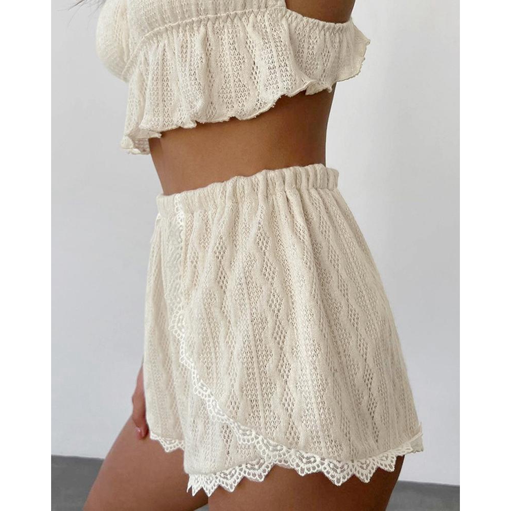 レーストリムフリル裾キャミトップセット、ケーブルテクスチャC - Lace Trim Cami のレビューと価格