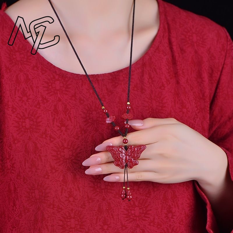 ファッションレッド辰砂翡翠蝶ペンダントネックレスジュエリー中 - Women'S Fashion Jewellery のレビューと価格