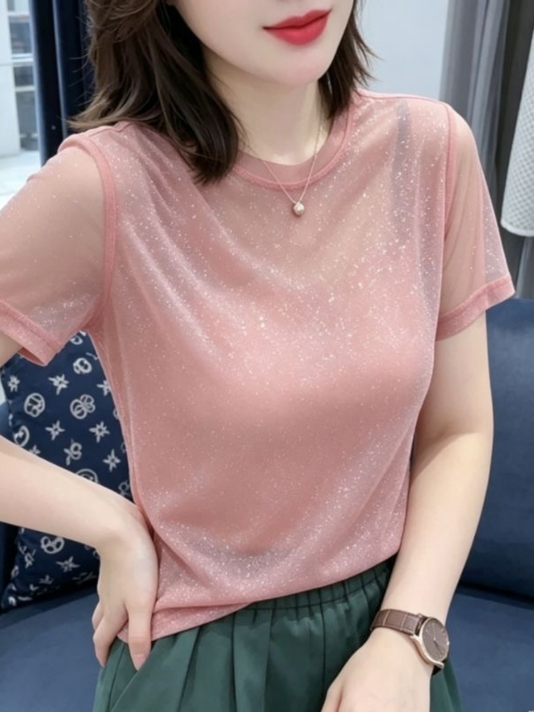 光沢のあるスパンコール弾性ネットノースリーブラウンドネックT - Women Fashion Over The Years のレビューと価格