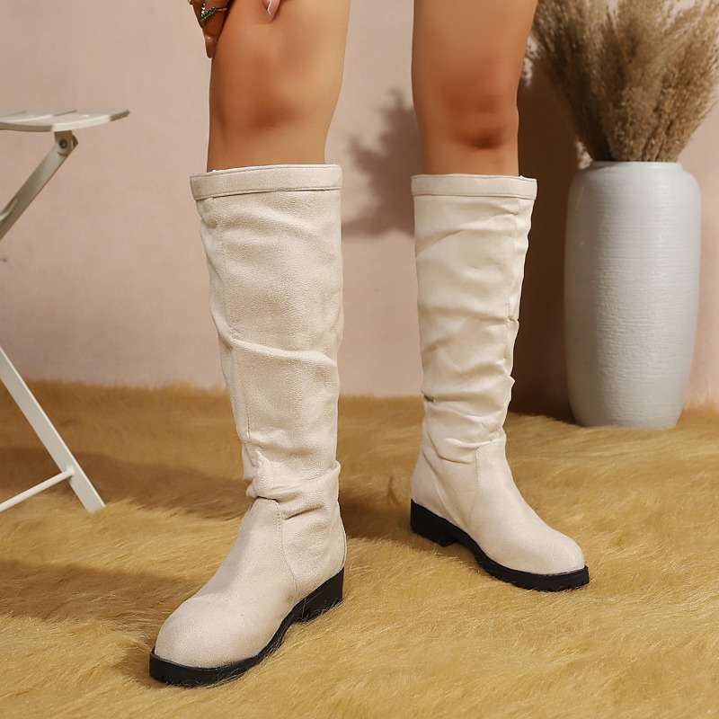 春秋ファッションプリーツデザイン無地レディースニーハイブーツ - Women'S Fashion Knee High Boots のレビューと価格